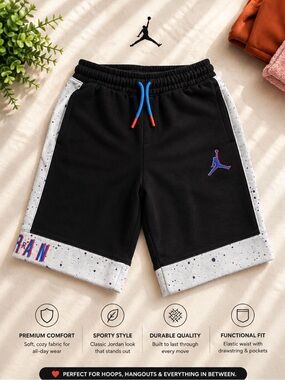 Jordan Black Shorts with Grey Speckle Panels and Blue Drawcord